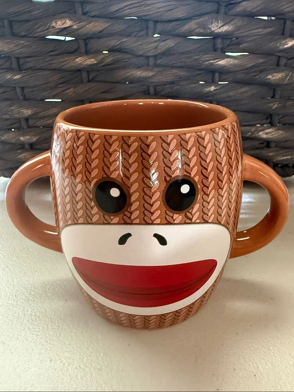 Brown Sock Monkey Double-Handled Ceramic Mug by Galerie